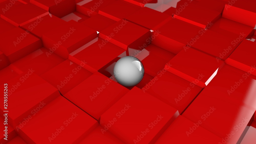 Poster 3d illustration of a white sphere on a red surface with a cubic relief. futuristic design, abstract 