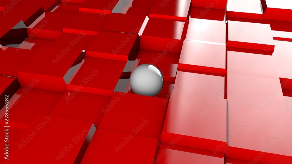 Poster 3d illustration of a white sphere on a red surface with a cubic relief. futuristic design, abstract 
