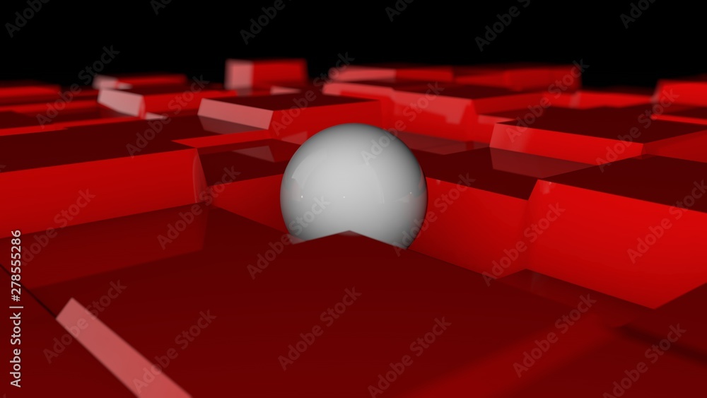 Poster 3d illustration of a white sphere on a red surface with a cubic relief. futuristic design, abstract 