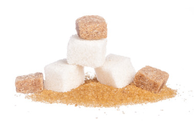 sugar cubes and sugar-sand on a white background