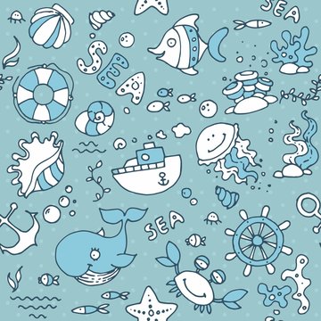 Seamless nautical children's pattern for children and design. With the image of fish, whale, crab, shells, ship, anchor, rudder of the ship, starfish and algae.