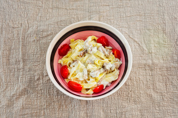 tasty Carbonara pasta on the table