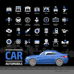 Car icon set on a black background with blue coupe automobile mockup and basic automotive symbols: auto service, wash & shop, garage, vehicle repair, wheel & tyre, oil & fuel and more glyph signs.
