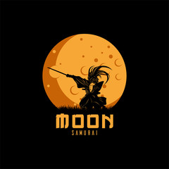 Samurai and Moon Logo Design Inspiration, Vector Illustration
