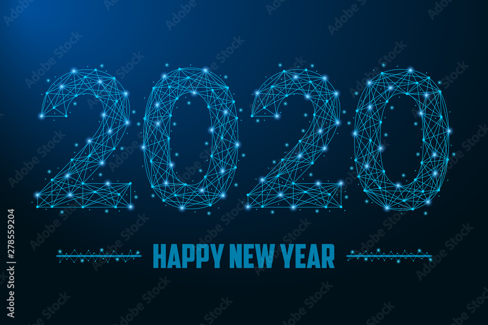 Poster 2020 new year illustration made by points and lines, polygonal wireframe mesh on night sky, dark blu