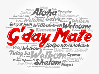 G'day Mate (Welcome in Australian) word cloud in different languages, conceptual background
