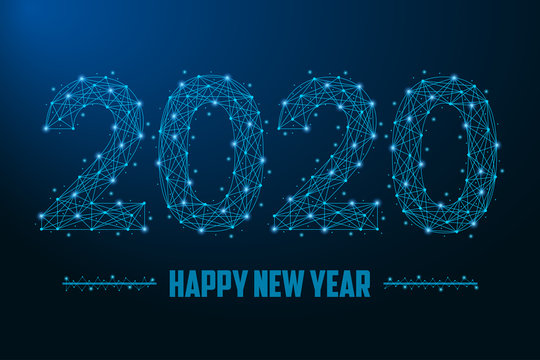2020 New Year illustration made by points and lines, polygonal wireframe mesh on night sky, dark blue background. Low poly greeting card. Vector.