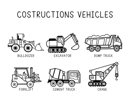 Construction vehicles set line art. Artwork could be used as stickers, decal, t-shirt printing, prints