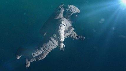 astronaut flying towards the Sun (3d space illustration)