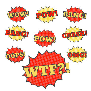 Comic speech bubbles. Pow bang crash vector cartoon bubbles