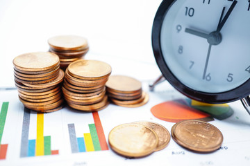 Alarm clock on US dollar banknotes :  Banking Account, Investment Analytic research data economy, trading, Business company concept.