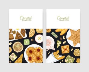 Bundle of flyer or poster templates with oriental desserts on plates. Traditional sweets, tasty confections, delicious pastry. Hand drawn realistic vector illustration for confectionery advertisement.