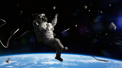 astronaut hit by space debris in orbit of planet Earth © dottedyeti