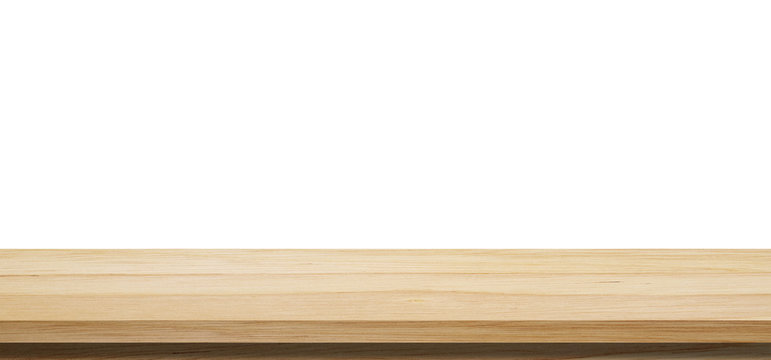 Empty wooden table top, desk isolated on white background, Wood table surface for product display background, Empty wooden counter, shelf isolated on white for food display banner, backdrop