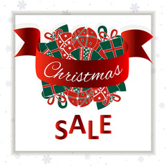 Christmas sale banner. Christmass balls on a white snowflakes background. Social media ready