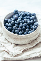 Blueberry bowl on white background with copy space in rustic style