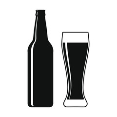 Beer bottle and glass graphic icon. Beer bottle and glass sign isolated on white background. Vector illustration