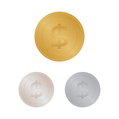 Realistic gold dollar coin. Coin dollar icon money vector