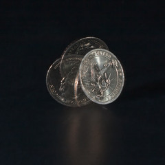 Spinning coin in stroboscopic light on a dark background, close up. One dollar