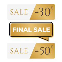 Set of elegant sale banners with golden bow, frame, ribbon and paper shopping bag. Vector template for website with gold background. Isolated from the background.
