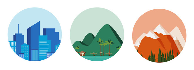 Travel concept - blue city, green beach and red mountains.