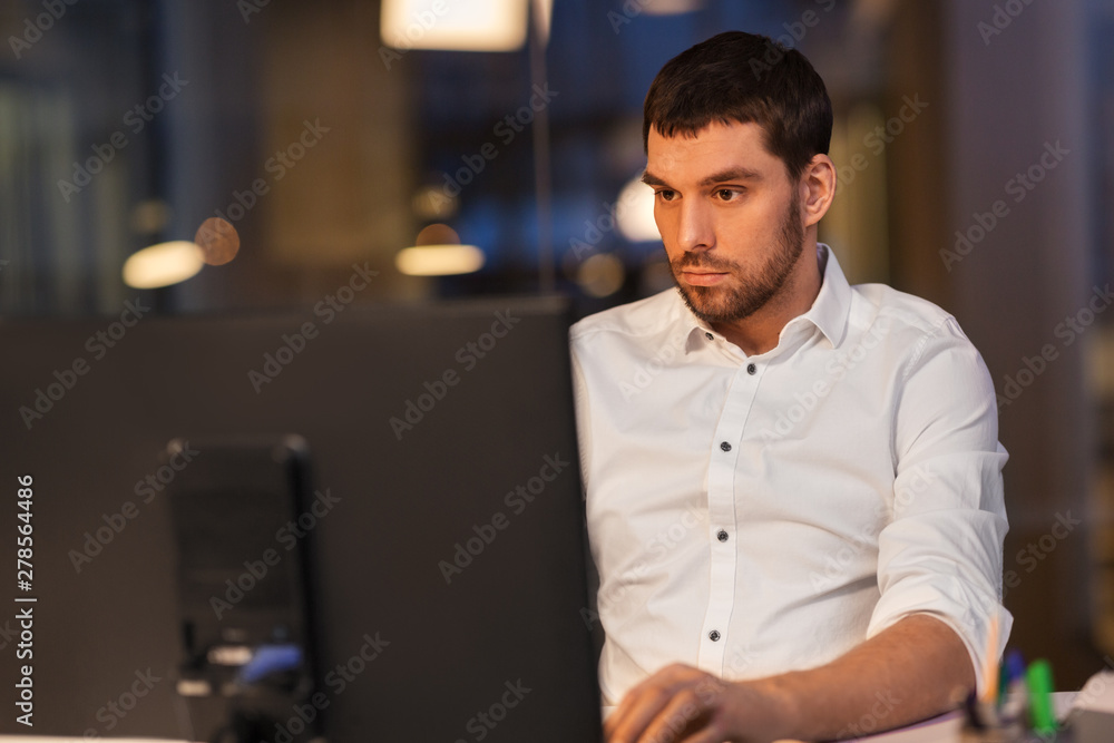 Canvas Prints business, overwork, deadline and people concept - businessman with computer working at night office