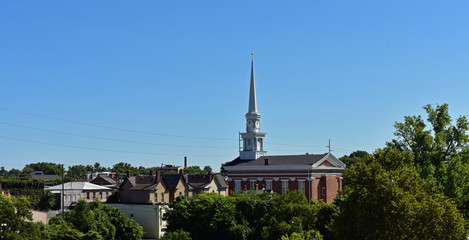 view of a town square courthouse steeple