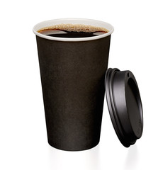 Open lid, takeaway cup of coffee isolated on white background with clipping path.