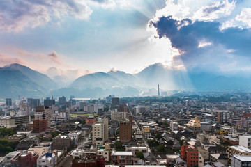 Sunset Cityscape view of Beppu city and Beppu bay from Beppu tower, Oita, Kyushu, Japan
