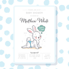 Vector baby shower design template. Cute hand drawn little bunny character. Flat lay. Pastel colors. For happy birthday and anniversary party invitations, greeting cards, tags etc.