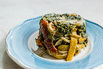 Homemade Healthy Chard Food with Olive Oil, Almonds and Julienne Vegetables  Turkish Food Pazi. Traditional Organic Dish.