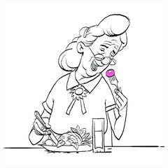 Senior ladie to eat. Funny granny eats with appetite