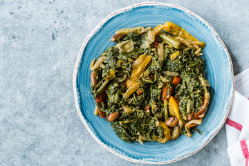 Homemade Healthy Chard Food with Olive Oil, Almonds and Julienne Vegetables  Turkish Food Pazi. Traditional Organic Dish.
