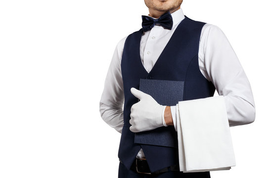 Waiter Holding A Blank Restaurant Menu, Isolated On White Background