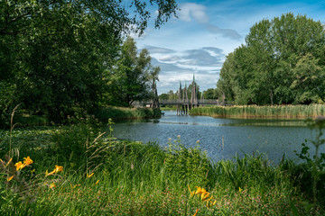 scenic panorama of a lake with reeds and plants crossed by a wooden bridge