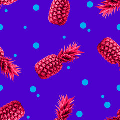 Ananas Nahtloses Muster Helles Pop-Art-Muster mit vielen rosa Ananas auf einem lebendigen gepunkteten blauen Hintergrund