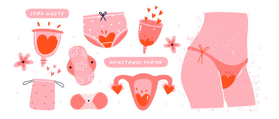 Menstruation theme. Period. Various feminine hygiene products. Zero waste objects. Panties, pads, cups. Menstrual protection, feminine hygiene. Hand drawn vector illustration. Everything is isolated - obrazy, fototapety, plakaty