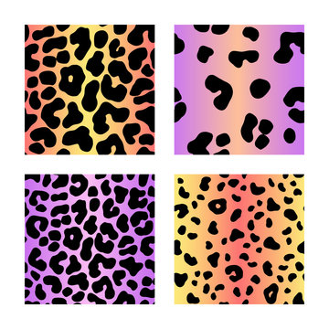 Set of 4 leopard seamless patterns in pastel purple and orange gradient. Animal Print 90's style. Vector Cheetah fashion print.