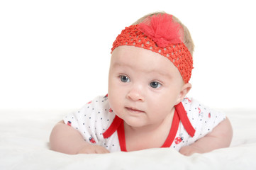 Portrait of cute baby girl on white background