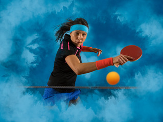 Portrait woman playing ping pong on smoke