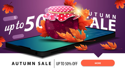 Autumn sale, modern discount web banner for your website with a smartphone, jar of jam and maple leaves