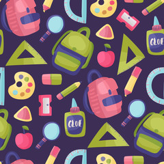 Seamless vector pattern with school supplies school bag, ruler, loupe, apple, glue, eraser, sharpener, paints and marker