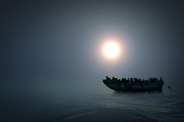 Refugees in a boat on the sea. Hopeless people. Dark colour and mysterious atmosphere. 3D Render.