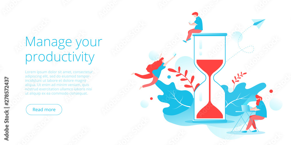 Poster effective time management in flat vector illustration. people working and task prioritizing organiza