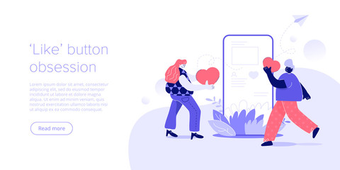 Young man and woman with hearts and smartphone. Pressing like button in social media. Modern flat vector illustration design. Web banner layout template for website.