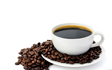 Black coffee in a white coffee cup and coffee beans on a white background