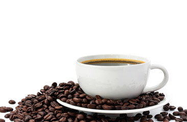 Black coffee in a white coffee cup and coffee beans on a white background