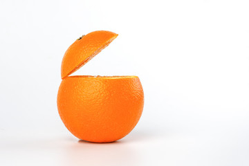Healthy Orange Cut floating top slice juice drink idea concept on white background