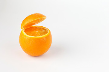 Healthy Orange Cut floating top slice juice drink idea concept on white background