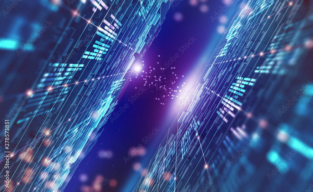 Aufkleber Digital city of future. Global Cyberspace. 3D illustration of wireless internet technologies. Database protection and secure transmission of information on blockchain network